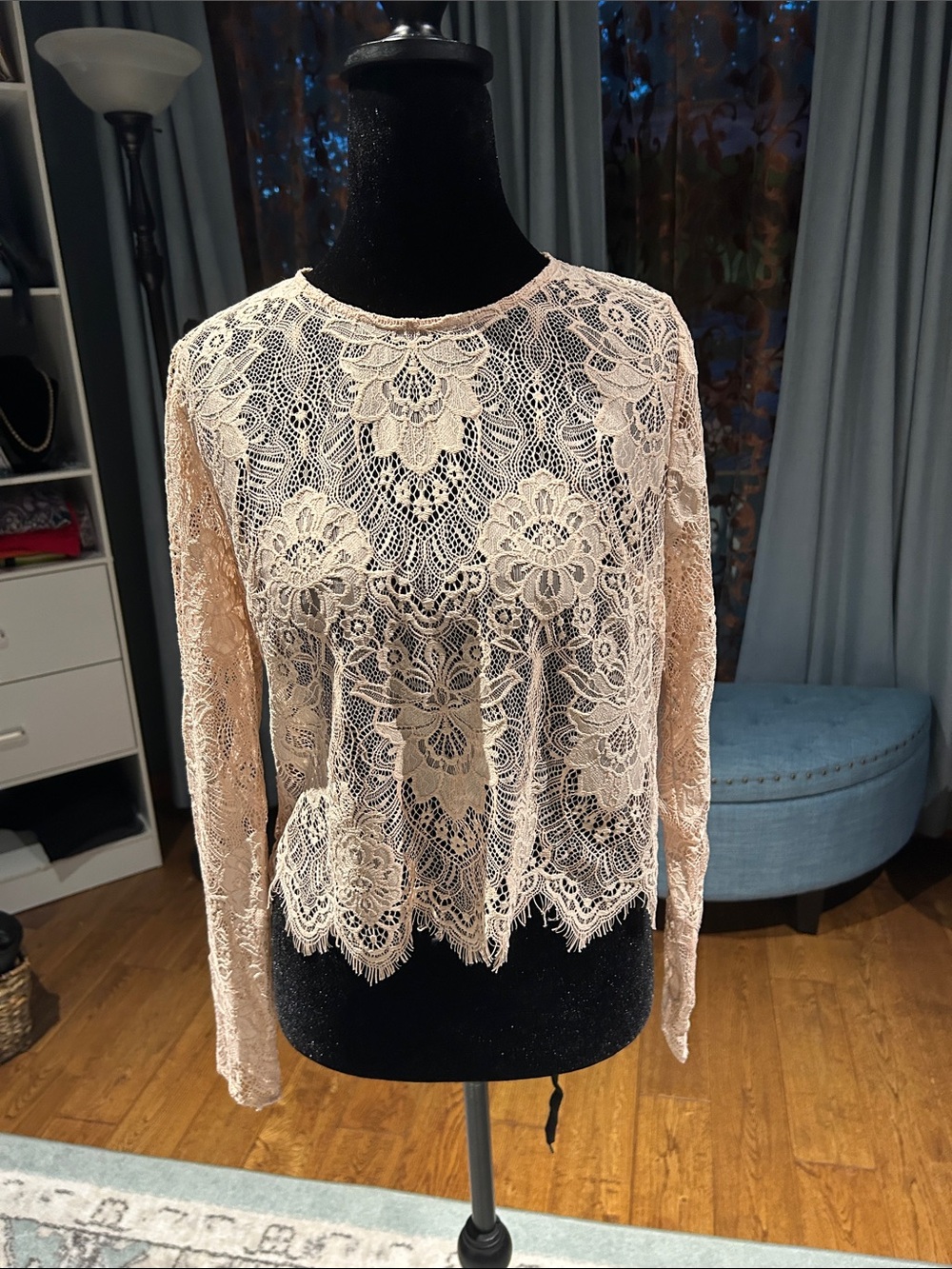 Forever 21 Blush Pink Lace Long-Sleeve Crochet Top